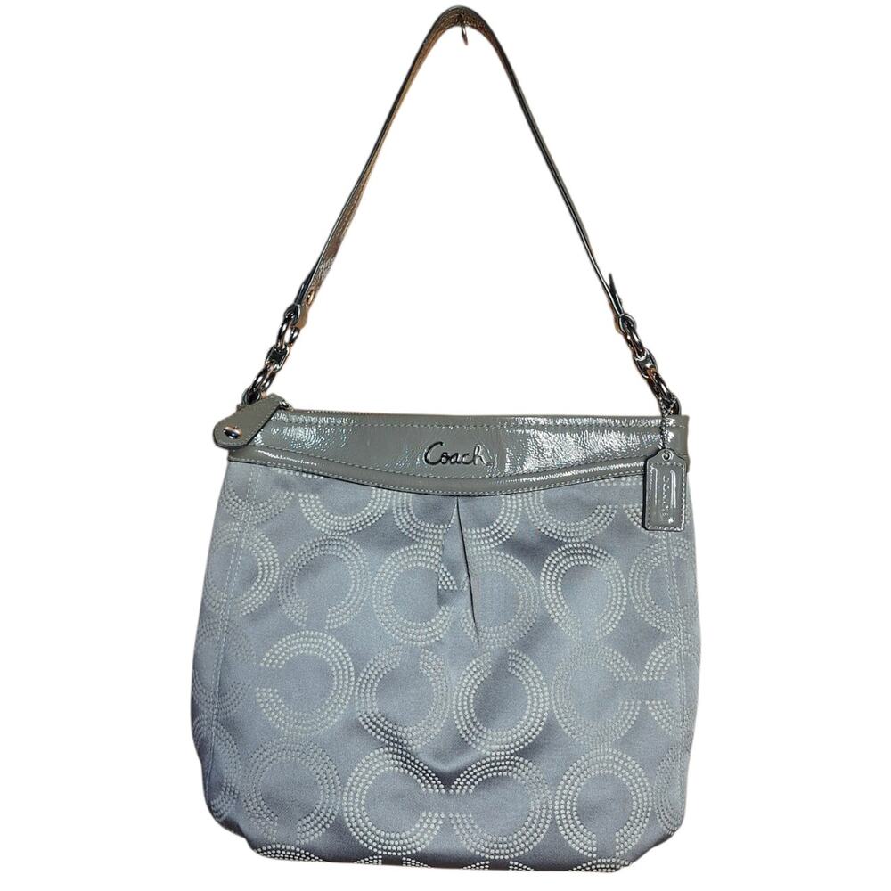 Coach Ashley tote dotted "Op Art" jacquard fabric w patent leather trim hobo Y2K
